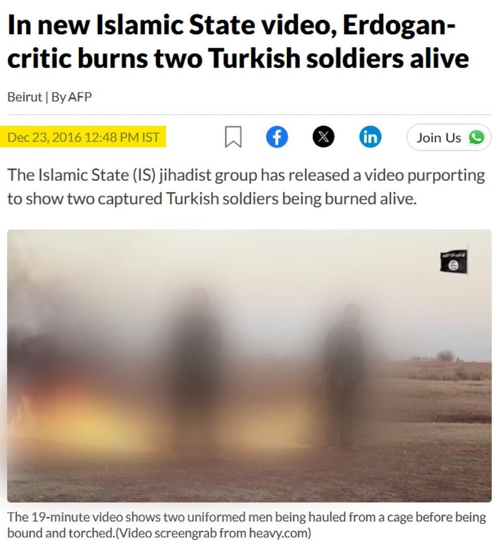 This video dates back to 2016 and shows Turkish soldiers being burned alive by ISIS.