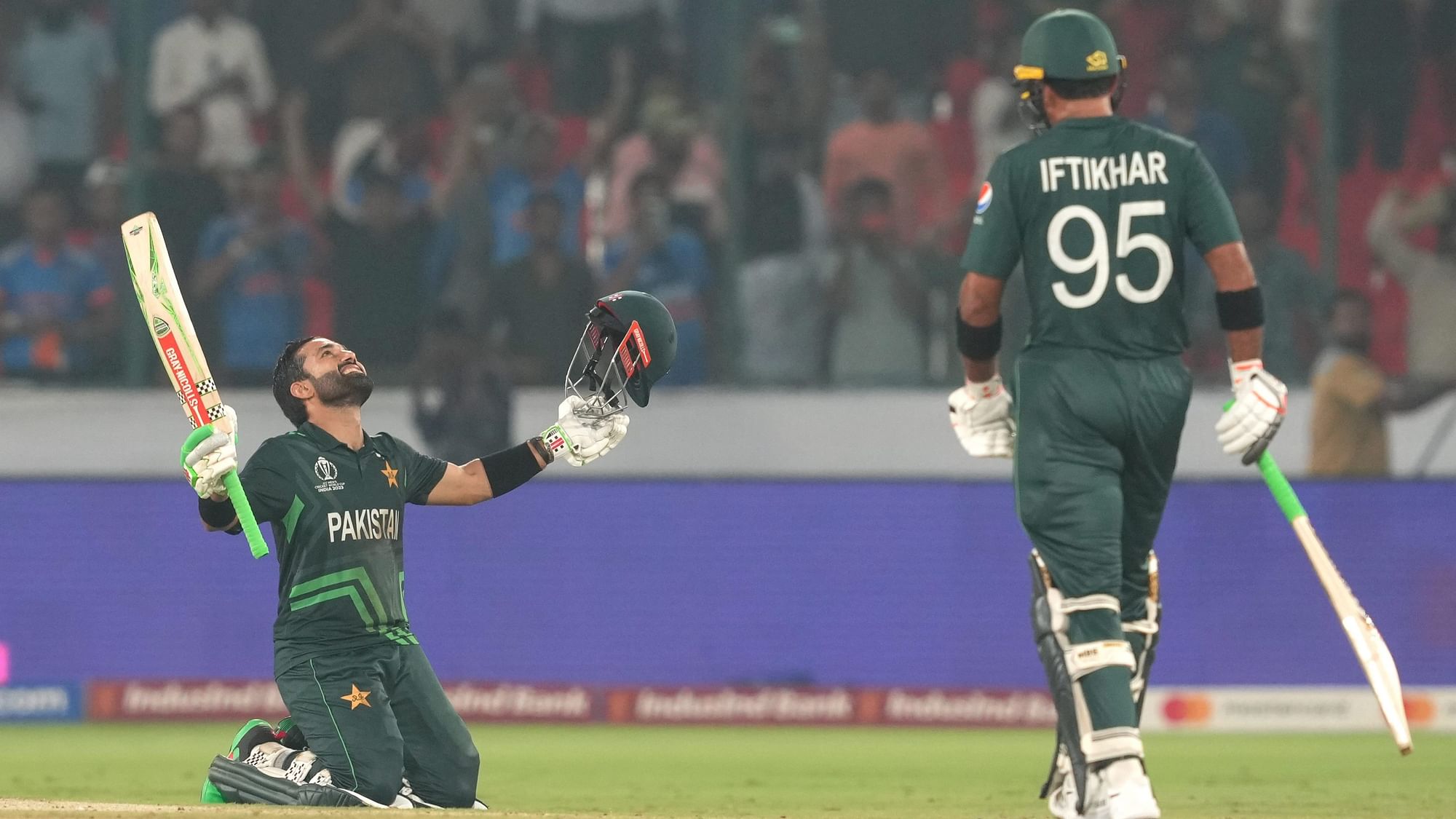 <div class="paragraphs"><p>Hyderabad: Pakistan's batter Mohammad Rizwan celebrates his team's win the ICC Men's Cricket World Cup match between Pakistan and Sri Lanka, at Rajiv Gandhi International Cricket Stadium, in Hyderabad, Tuesday, Oct. 10, 2023. </p></div>