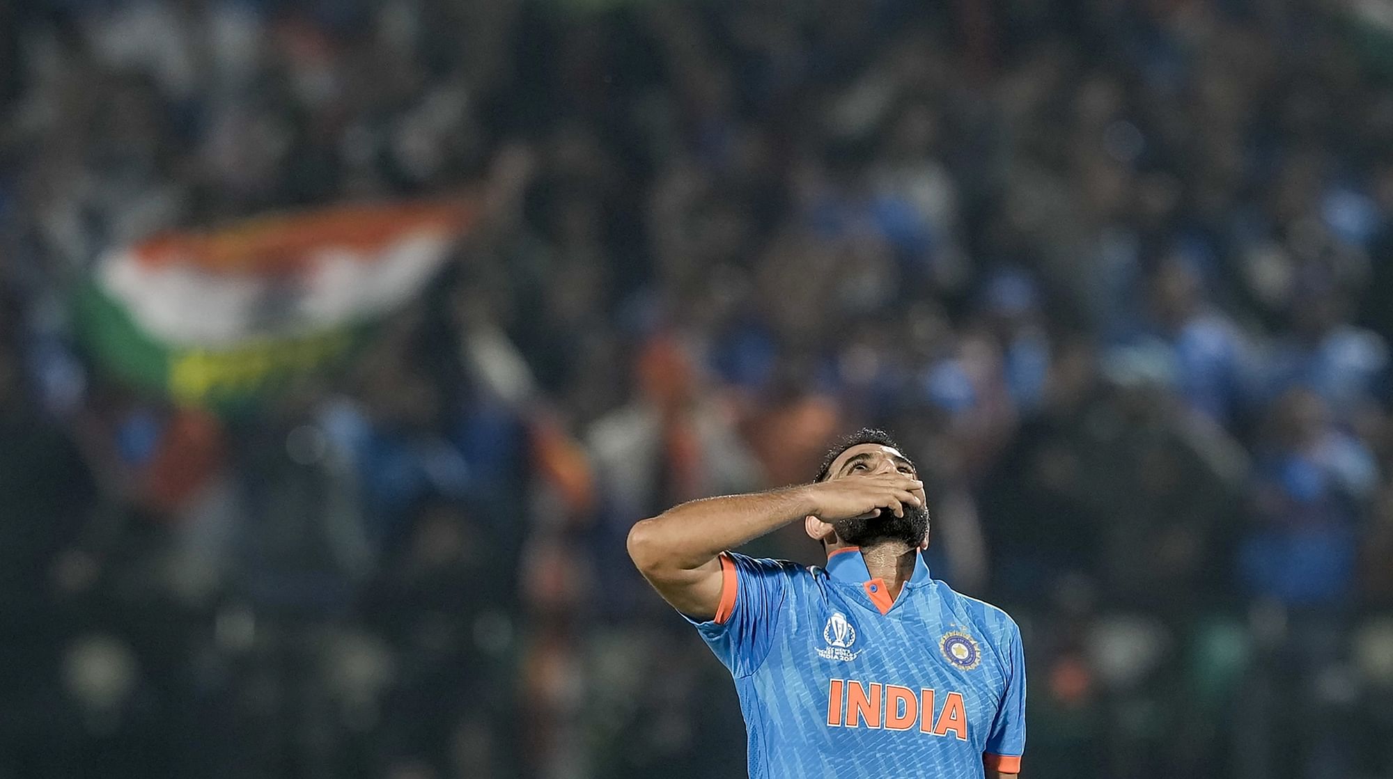 <div class="paragraphs"><p>Dharamshala: Indian bowler Mohammed Shami celebrating the wicket of New Zealands Daryl Mitchell during the ICC Men's World Cup ODI cricket match between India and New Zealand at HPCA Stadium, Dharamshala, Sunday, Oct. 22, 2023. </p></div>