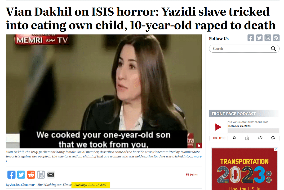 This interview is from 2017 and shows an Iraqi MP discussing atrocities by ISIS against the Yazidi community.