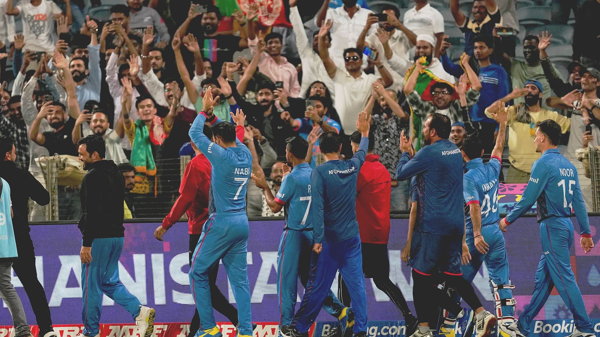 <div class="paragraphs"><p>Afghanistan players celebrate after winning one of their ICC Men's Cricket World Cup 2023 matches.</p></div>