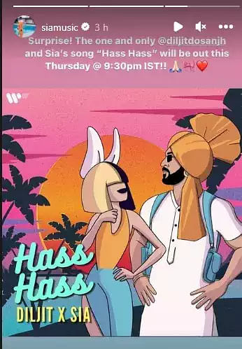 Diljit Dosanjh and Sia are coming together for a track called 'Hass Hass' that is to be released on 26 October. 
