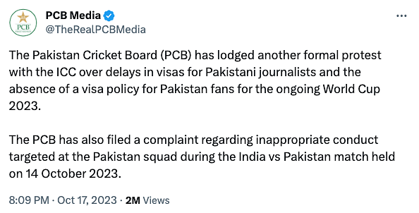PCB has filed a formal complaint against the behaviour of some fans in Ahmedabad during the match against India. 