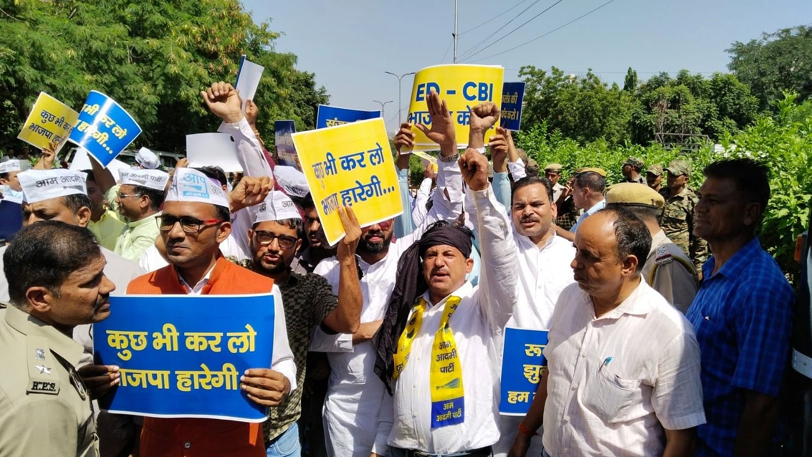 <div class="paragraphs"><p>AAP workers protesting in Rajasthan on Thursday, 5 October, against the arrest of party MP Sanjay Singh in the Delhi excise policy case.&nbsp;</p></div>