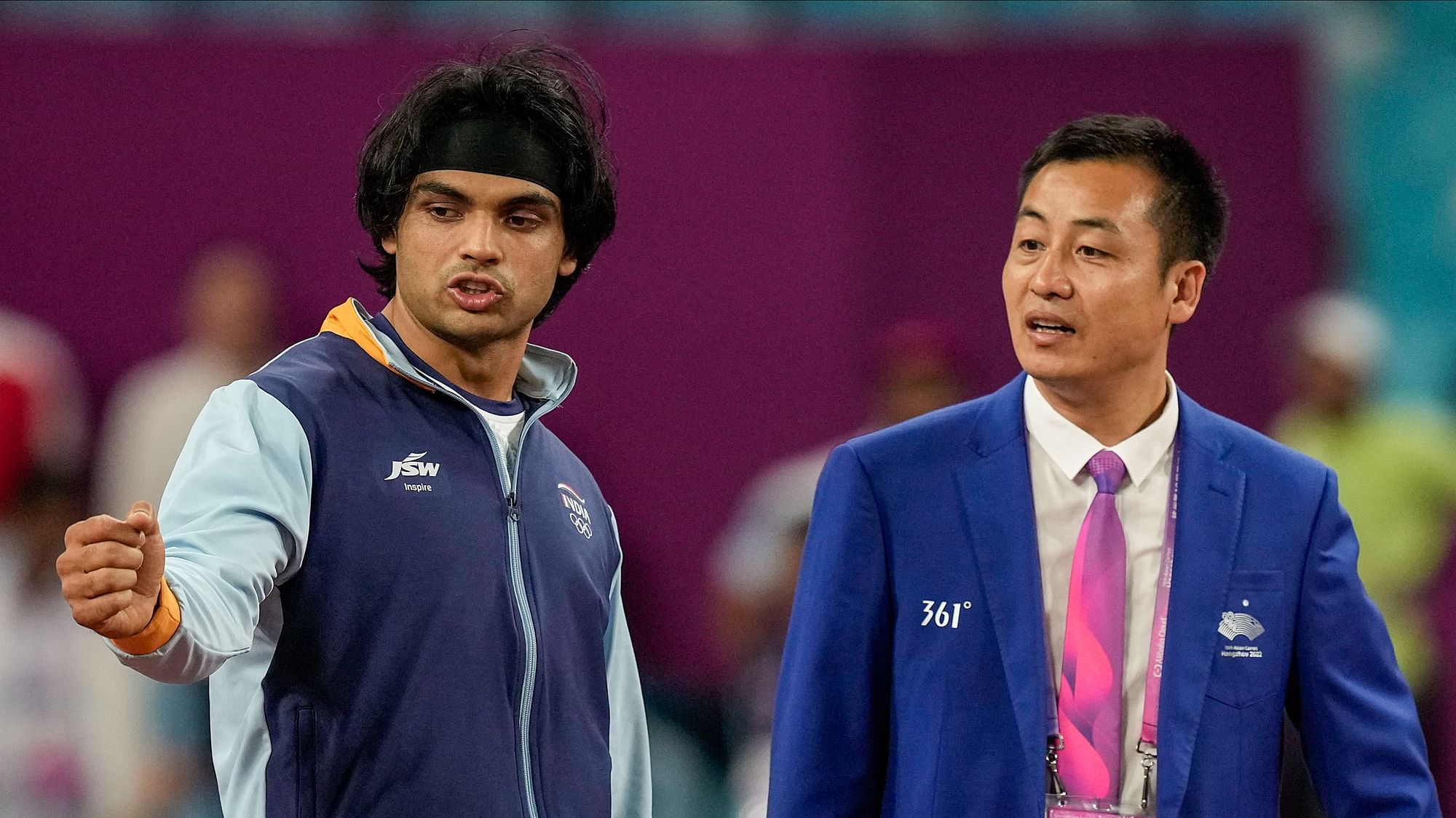 <div class="paragraphs"><p>Hangzhou: India's Neeraj Chopra interacts with an official during the Men's Javelin Throw Final event at the 19th Asian Games, in Hangzhou, China, Wednesday, Oct. 4, 2023. </p></div>