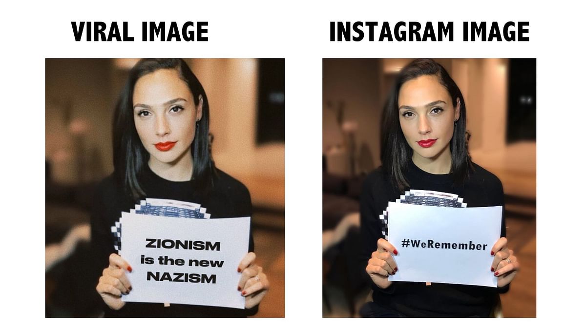 The original image was from 2018, and showed Gal Gadot carrying a board that said "#WeRemember."