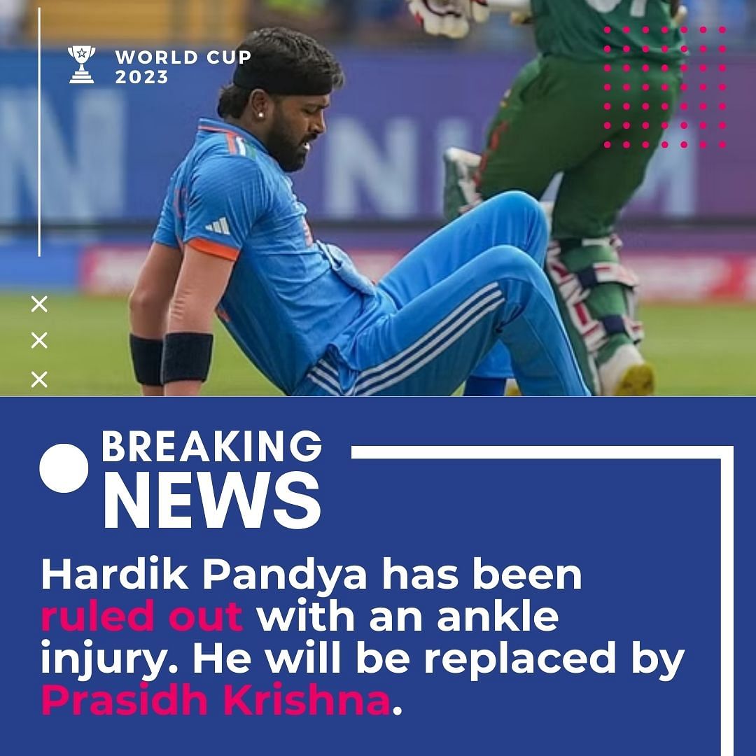 #CWC23 | Injured #HardikPandya has been ruled out of the #WorldCup. He will be replaced by Prasidh Krishna.