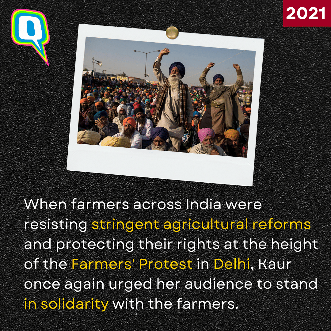 In 2021, at the height of the Farmers' Protest in Delhi, Kaur had urged her audience to stand in solidarity.