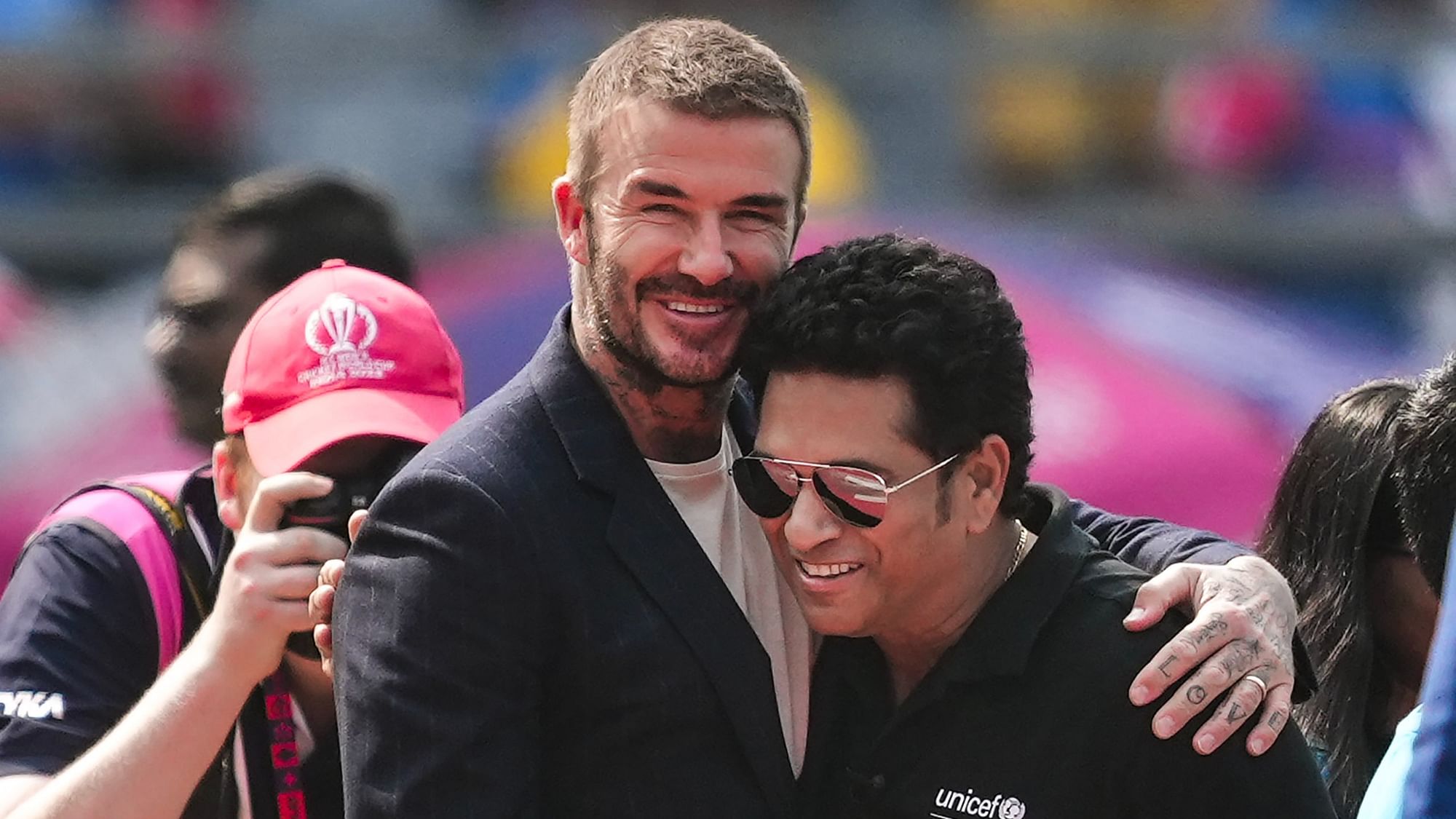 <div class="paragraphs"><p>Former Indian cricketer Sachin Tendulkar with former English footballer David Beckham before the start of the ICC Men's Cricket World Cup 2023 semi-final match between India and New Zealand, at the Wankhede Stadium, in Mumbai, Wednesday, Nov. 15, 2023</p></div>