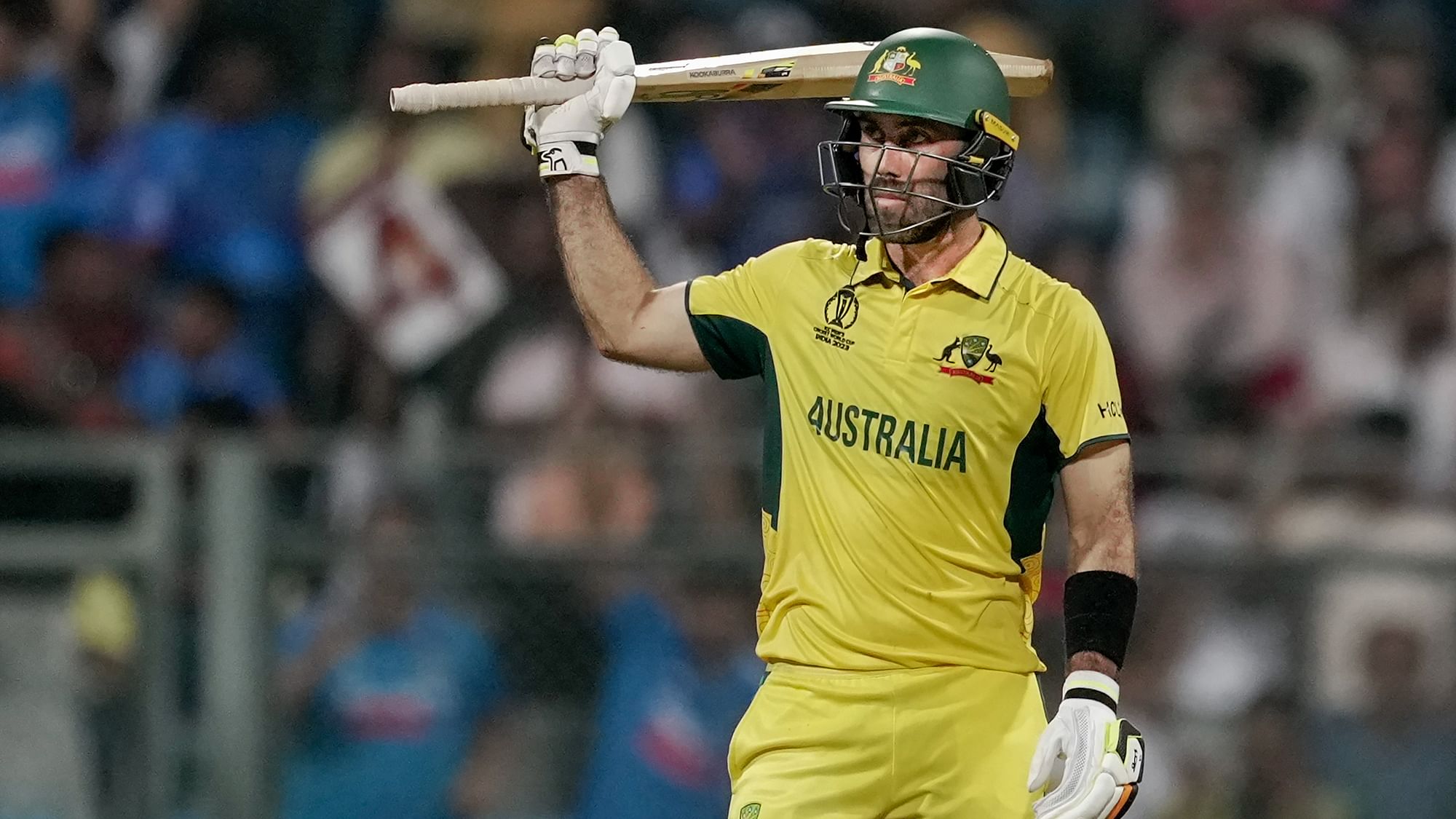 <div class="paragraphs"><p>Glenn Maxwell celebrates scoring 150 runs during the ICC Men's Cricket World Cup 2023 match between Afghanistan and Australia at the Wankhede Stadium, in Mumbai, Tuesday, Nov. 7, 2023.</p></div>