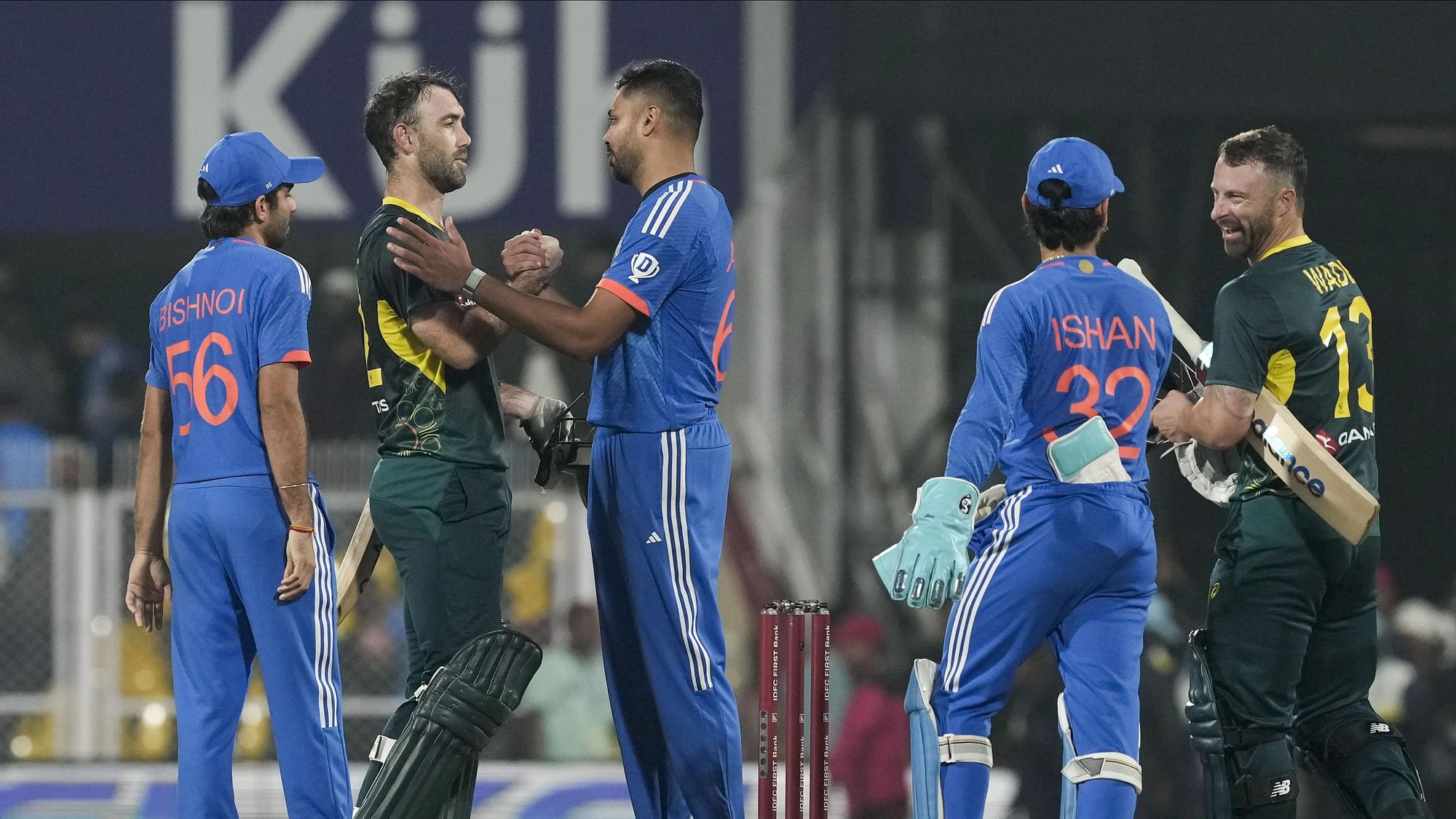 <div class="paragraphs"><p>Guwahati: Australian batters Matthew Wade and Glenn Maxwell being greeted by Indian players after they win the 3rd T20 cricket match over India, at the ACA (Assam Cricket Association) Stadium in Guwahati, Tuesday, Nov. 28, 2023. </p></div>