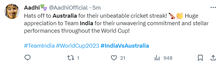 Australia defeated India by six wickets at the ICC World Cup 2023 final on 19 November.
