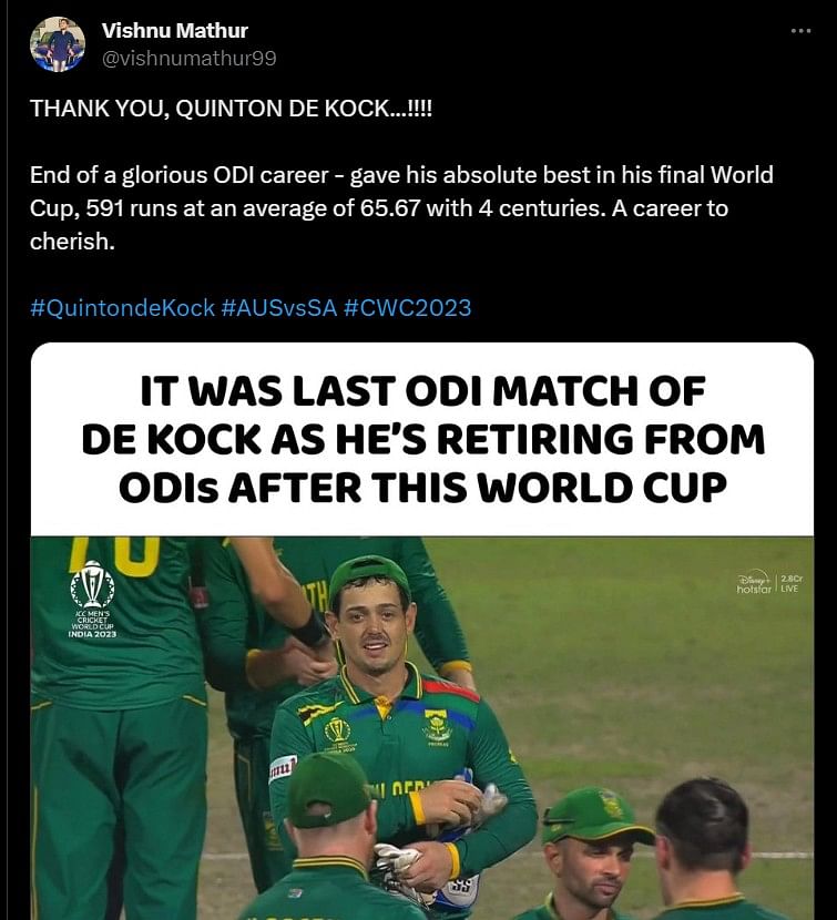 #SAvsAUS| As #QuintondeKock's ODI career came to a heartbreaking end, fans paid their poignant tributes.