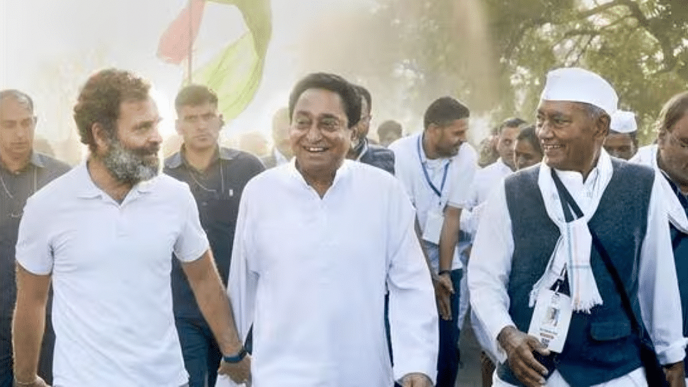 <div class="paragraphs"><p>Congress leader Rahul Gandhi with senior party leaders Digvijaya Singh and Kamal Nath during the party's 'Bharat Jodo Yatra', in Burhanpur district on November 22, 2022.</p></div>