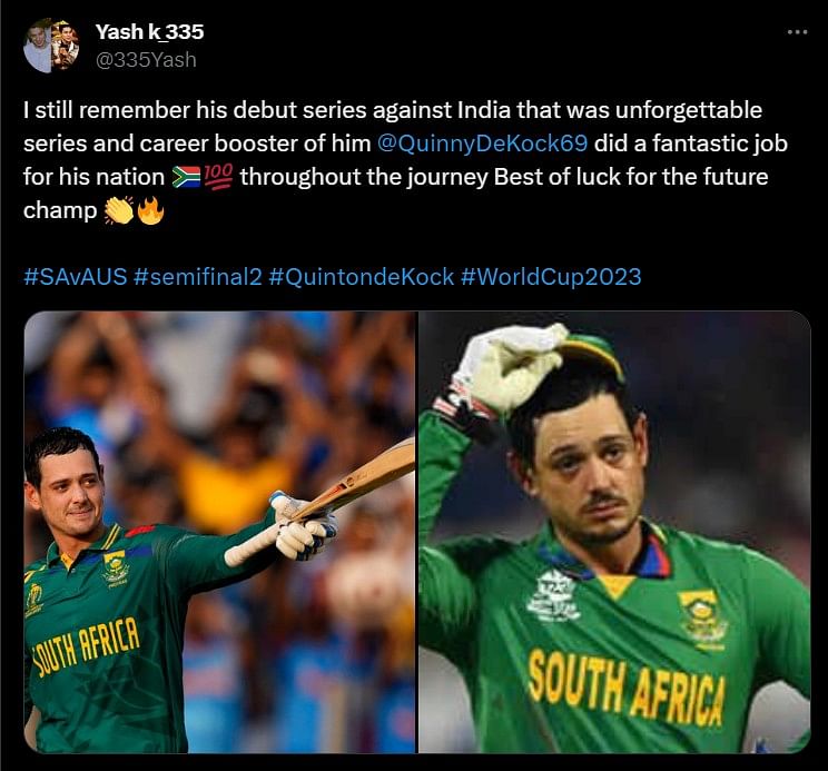 #SAvsAUS| As #QuintondeKock's ODI career came to a heartbreaking end, fans paid their poignant tributes.