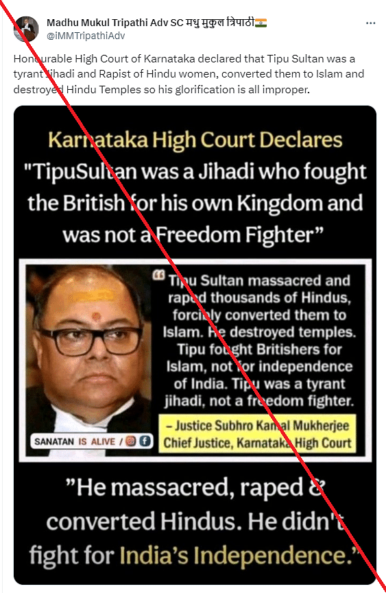 While the court did say that Tipu Sultan was not a freedom fighter, it did not declare that he was a "jihadi."