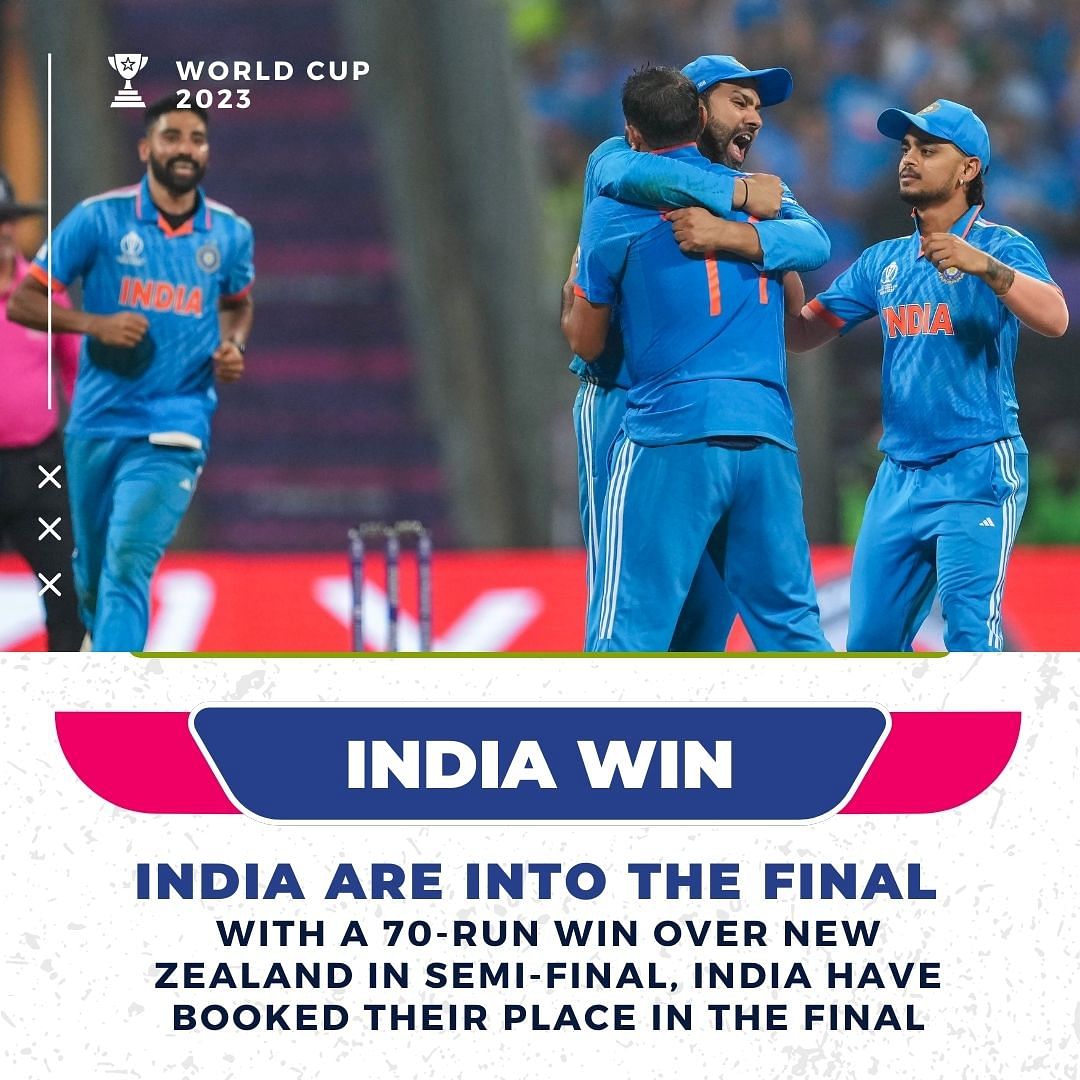 #Semifinal: India cruise to the #CWC23 finals as they thump NZ by 70 runs. 