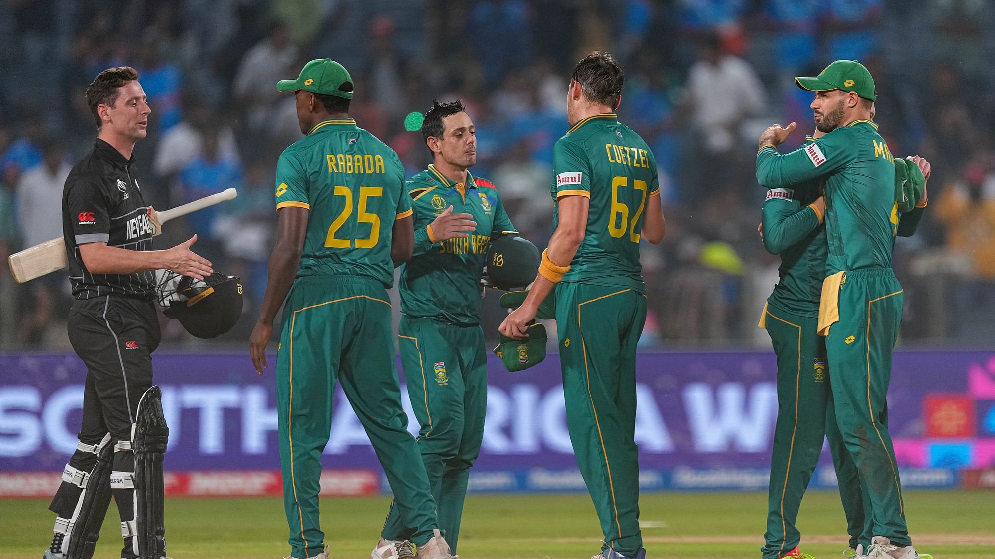 <div class="paragraphs"><p>South Africa defeated New Zealand by 190 runs on Wednesday night to move to the top of the ICC World Cup 2023 points table.</p></div>