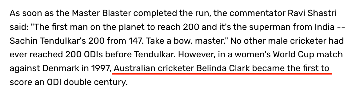 Former cricketer Belinda Clark was the first Australian player to score over 200 runs in an innings in 1997.