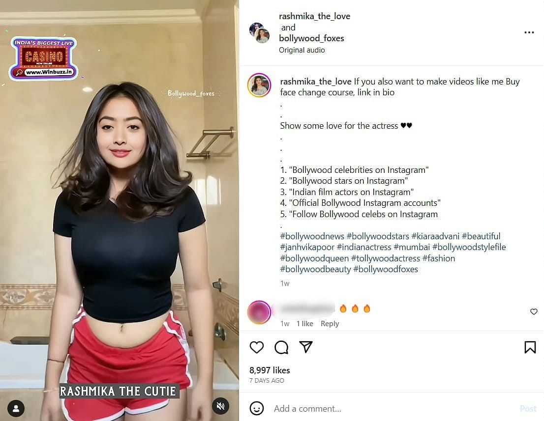 Actor Rashmika Mandanna's deepfake video was first shared by a celebrity fan page on Instagram.