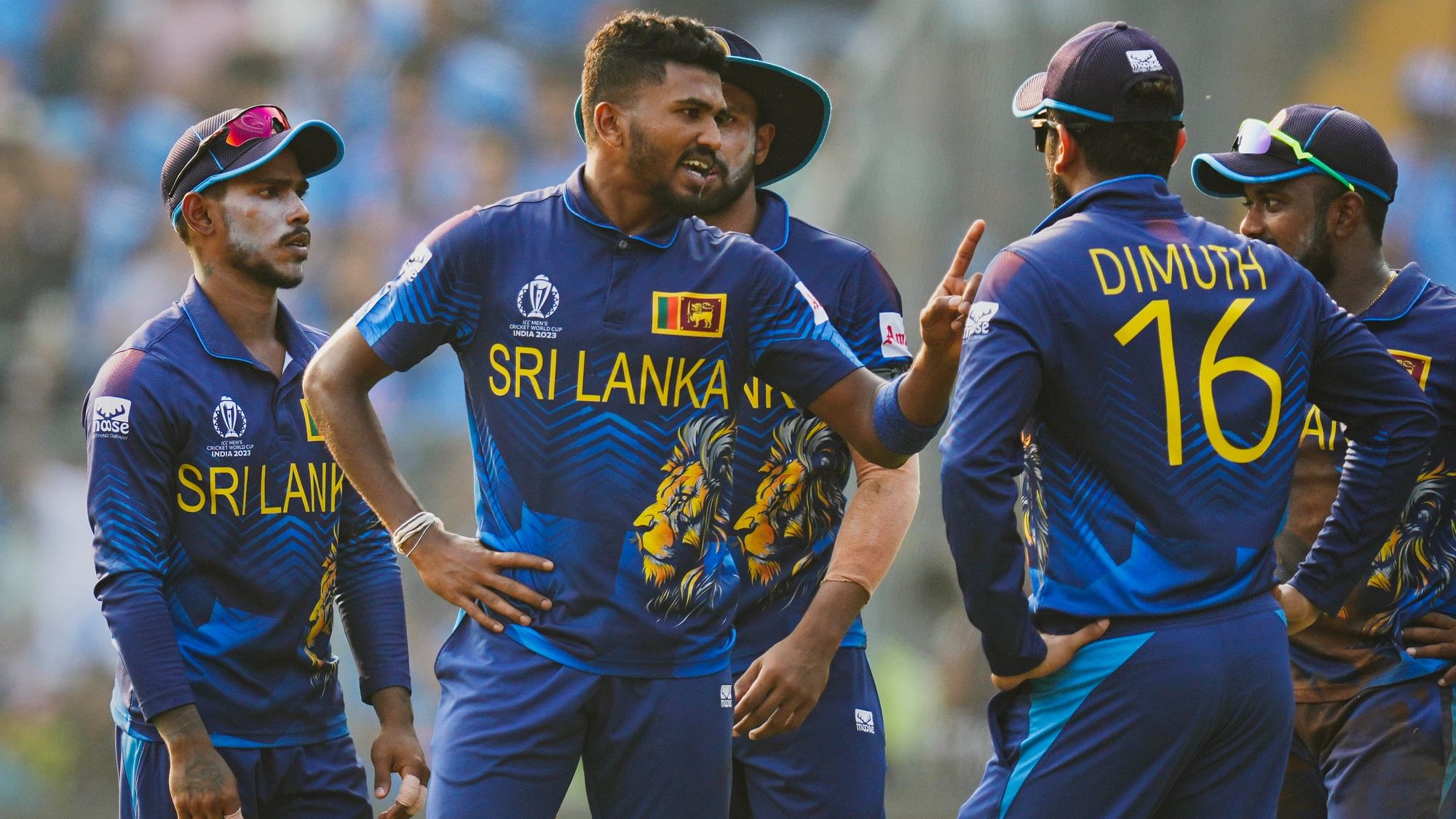 <div class="paragraphs"><p>Sri Lanka's bowler Dilshan Madushanka celebrates with teammates the wicket of Indias batter Shubman Gill during the ICC Men's Cricket World Cup 2023 match between India and Sri Lanka, at Wankhede Stadium, in Mumbai, Thursday, Nov. 2, 2023</p></div>