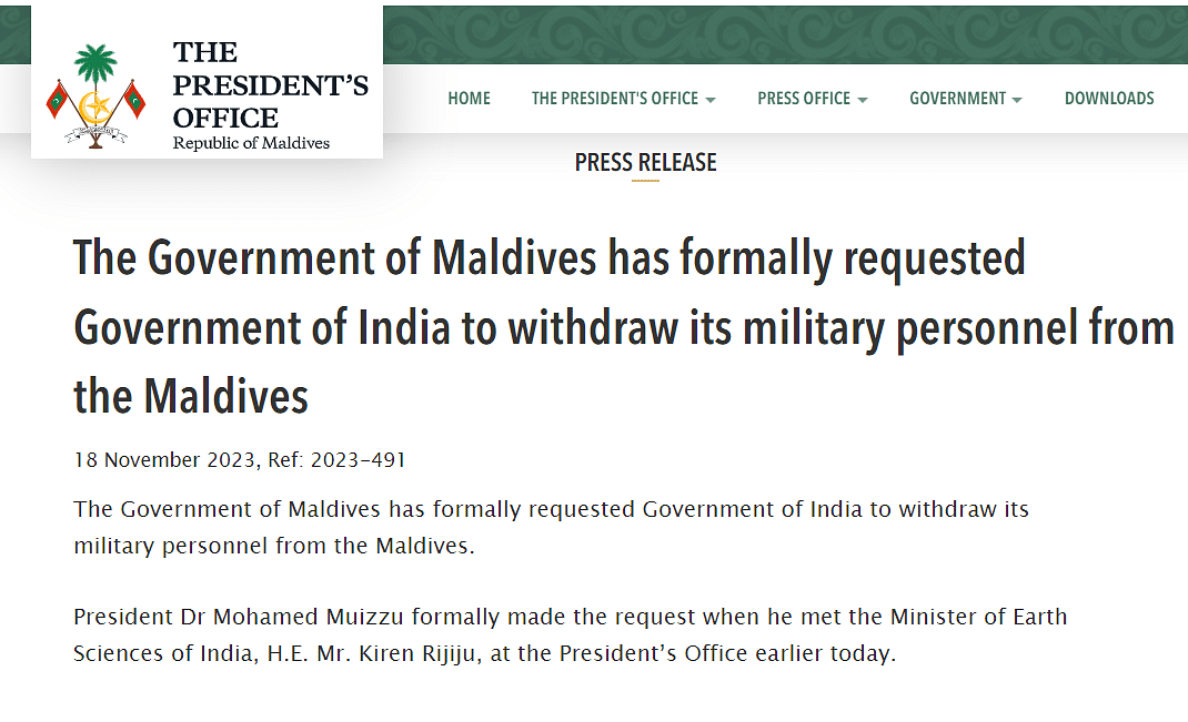 Maldives has formally requested India to withdraw its military personnel from the island country.