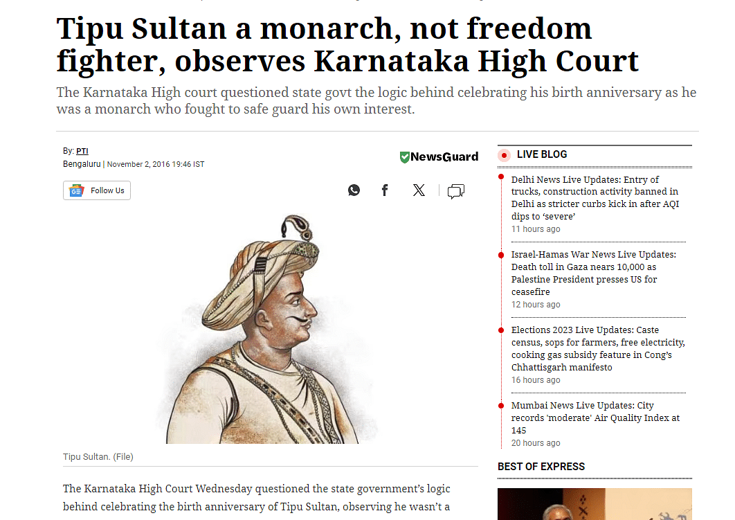 While the court did say that Tipu Sultan was not a freedom fighter, it did not declare that he was a "jihadi."