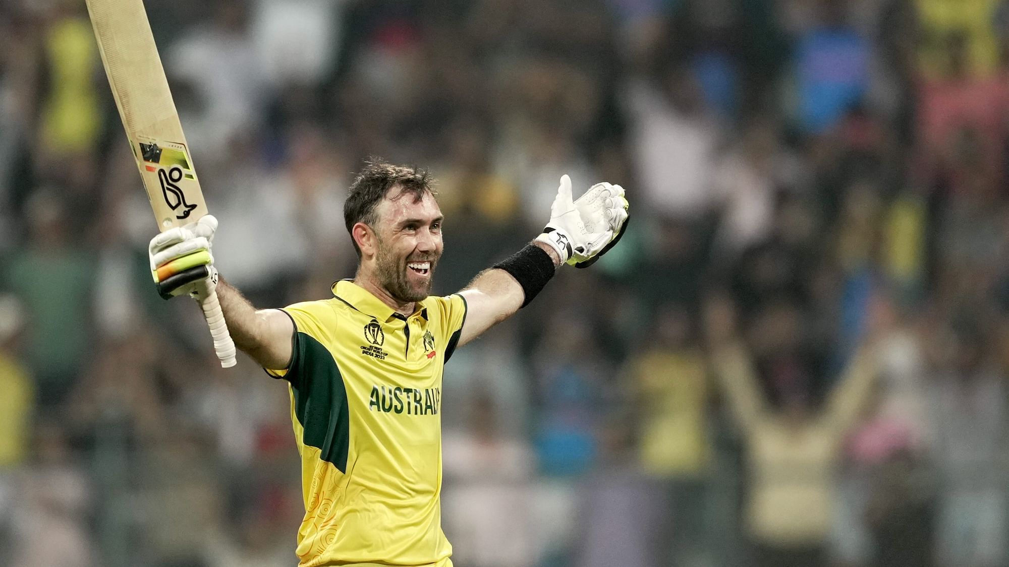<div class="paragraphs"><p>Glenn Maxwell celebrates his double century and his teams win in the ICC Men's Cricket World Cup 2023 match between Afghanistan and Australia at the Wankhede Stadium, in Mumbai, Tuesday, Nov. 7, 2023.</p></div>
