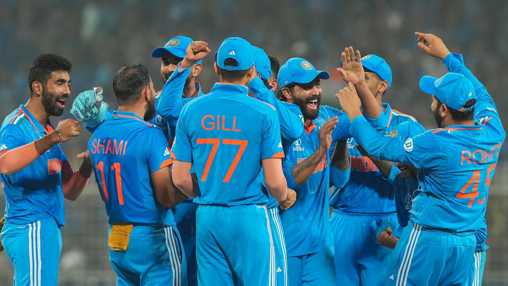 <div class="paragraphs"><p>Indian cricketers celebrate the wicket of South African batter Heinrich Klaasen during the ICC Men's Cricket World Cup 2023 match between India and South Africa, at Eden Gardens in Kolkata, Sunday, Nov. 5, 2023.</p></div>