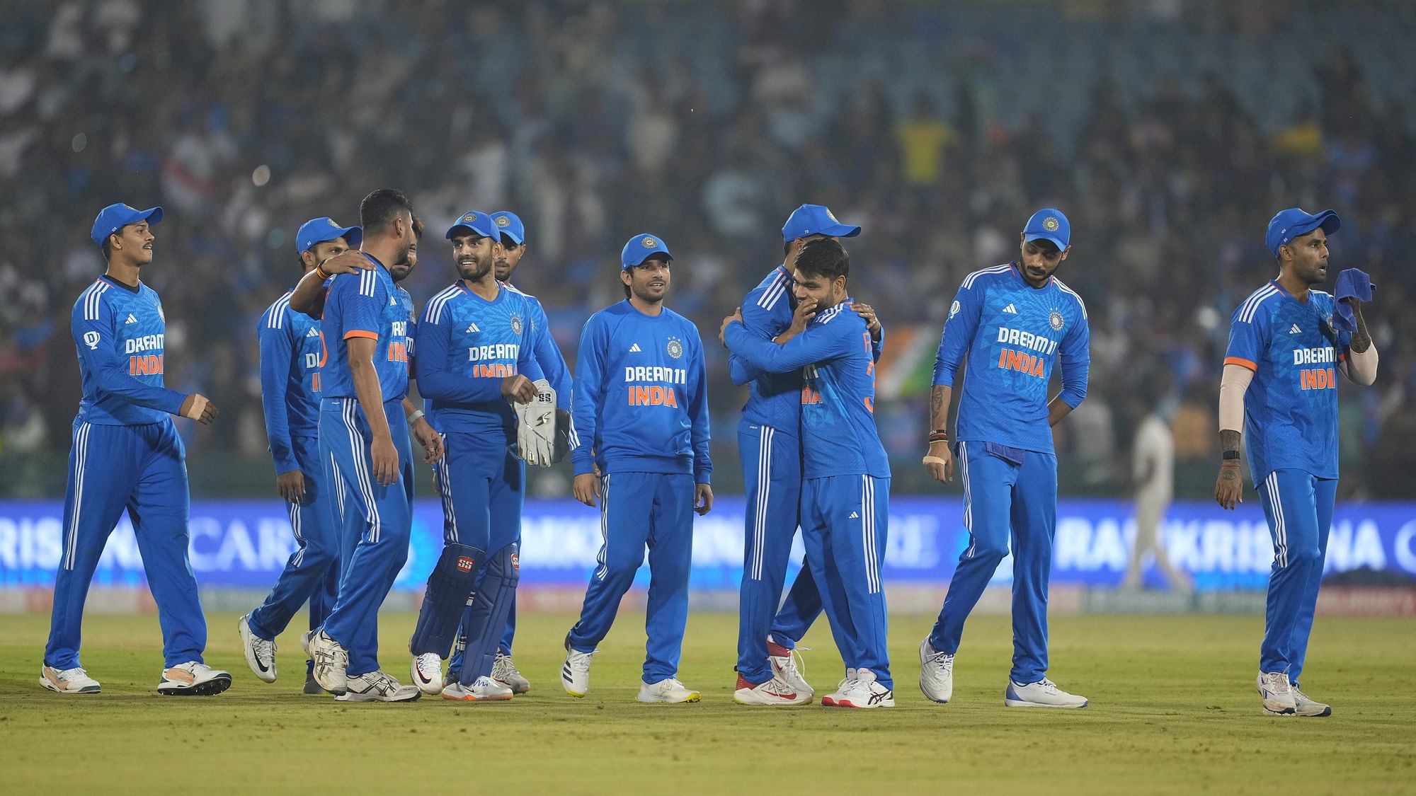 <div class="paragraphs"><p>Indian players celebrate after winning the fourth T20I match against Australia, at Shaheed Veer Narayan Singh International Cricket Stadium, in Raipur, Friday, Dec. 1, 2023.</p></div>