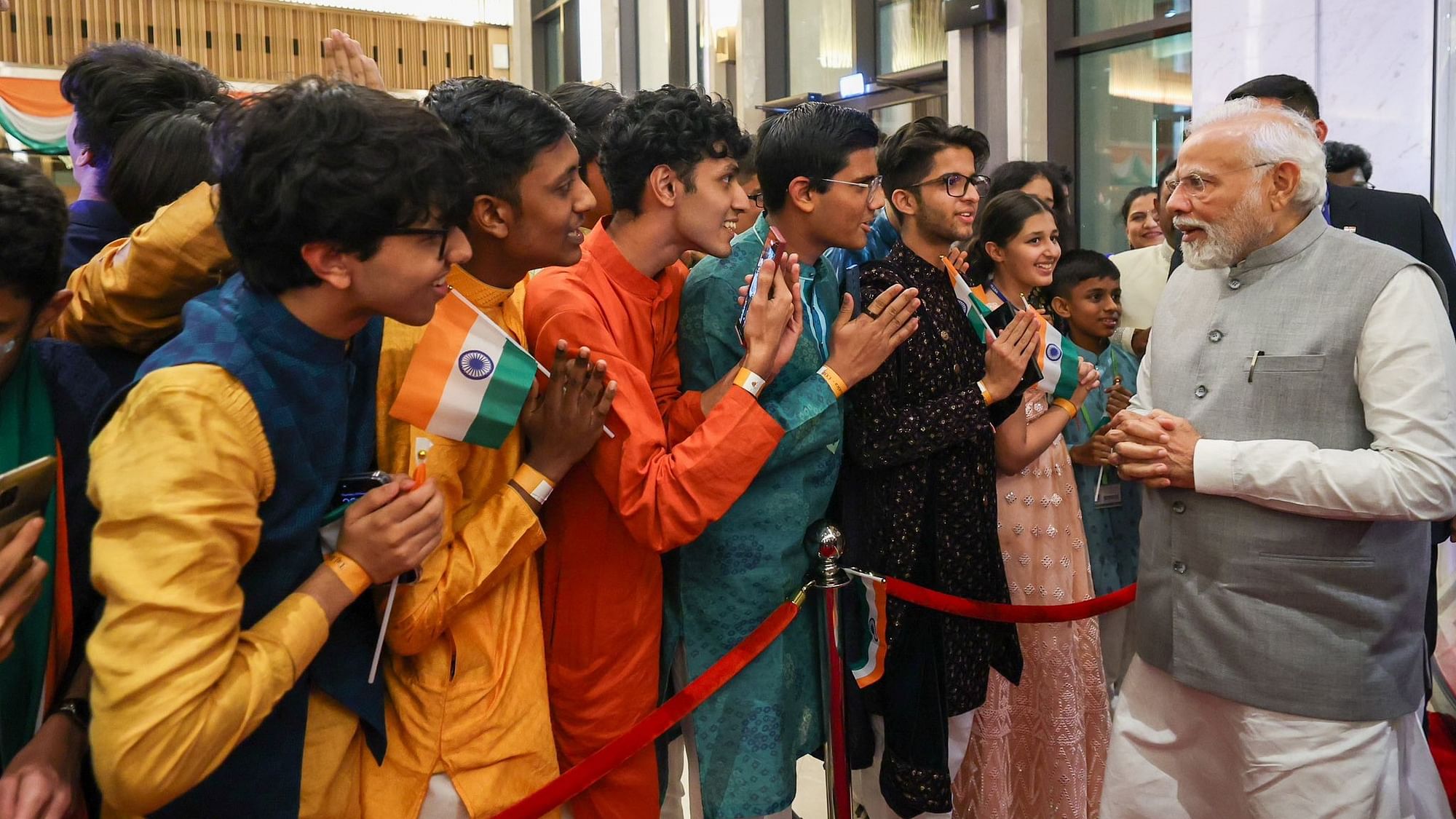 <div class="paragraphs"><p>Prime Minister Narendra Modi being greeted by members of the Indian diaspora in Dubai.&nbsp;</p></div>