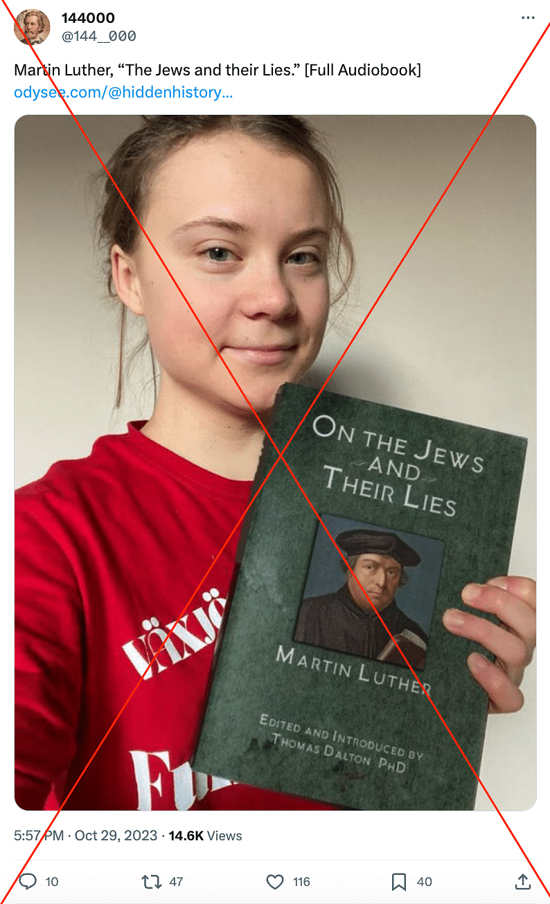 This image is altered. The original image shows Greta Thunberg with her book titled, "The Climate Book."