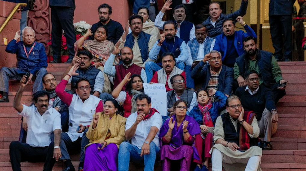 <div class="paragraphs"><p>New Delhi: Suspended Opposition MPs protest during the Winter session of Parliament, in New Delhi, Monday, Dec. 18, 2023.</p></div>