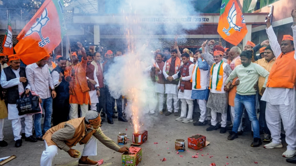 <div class="paragraphs"><p>BJP workers and supporters celebrate the party's lead in Madhya Pradesh, Rajasthan and Chhattisgarh during counting of votes for the Assembly elections.</p></div>