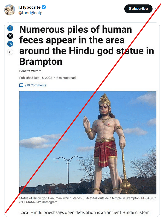 This screenshot has been altered. The original report talks about a statue of Hanuman being built in Brampton.