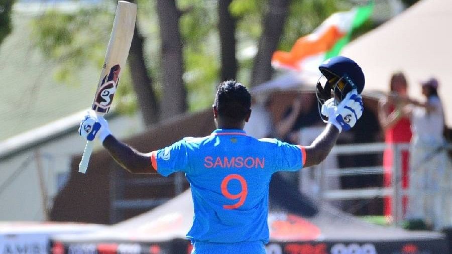 <div class="paragraphs"><p>India's Sanju Samson celebrates his century.</p></div>