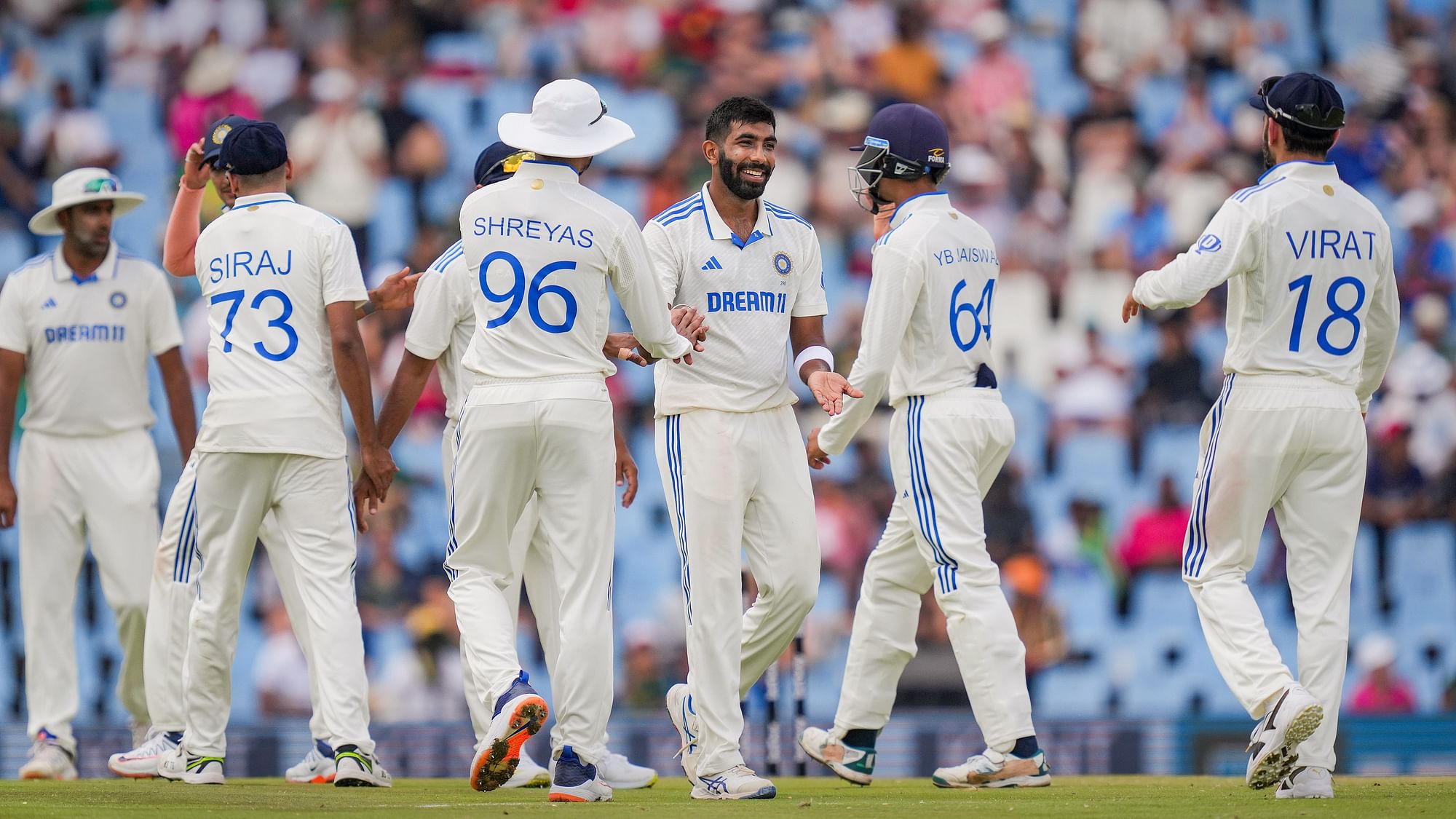 <div class="paragraphs"><p>Jasprit Bumrah celebrates with teammates the wicket of South Africas batter Nandre Burger during the third day of the first Test cricket match between India and South Africa, at SuperSport Park Stadium, in Centurion, Thursday, Dec. 28, 2023.</p></div>