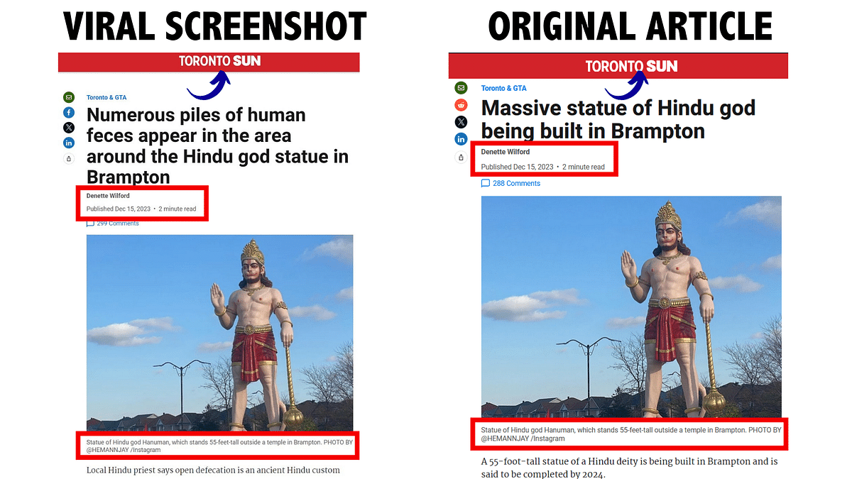 This screenshot has been altered. The original report talks about a statue of Hanuman being built in Brampton.