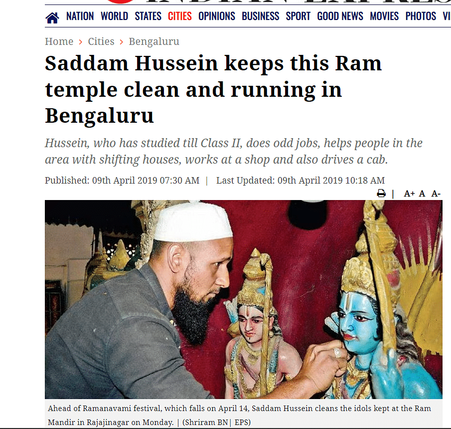 The picture is from 2019 and shows a man named Saddam Hussein cleaning idols kept in the Ram Mandir in Bengaluru.