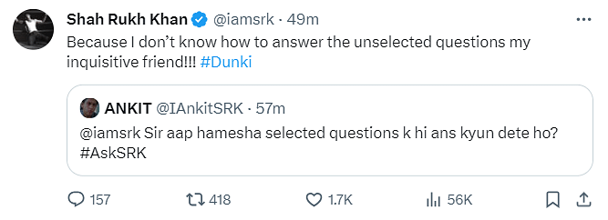 Shah Rukh Khan answered a few questions about his latest film, 'Dunki'.