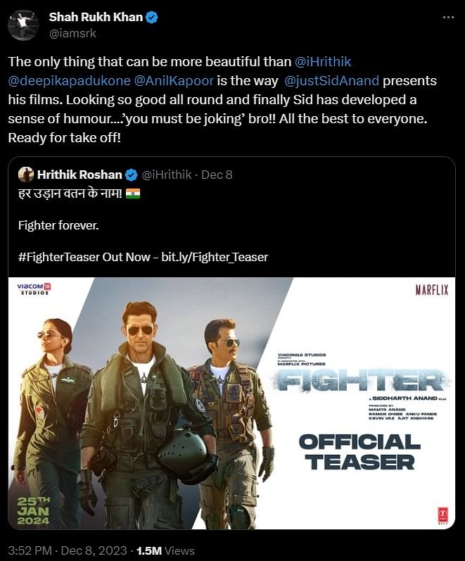 'Fighter', starring Deepika Padukone, Hrithik Roshan, and Anil Kapoor, is slated to release in January 2024. 