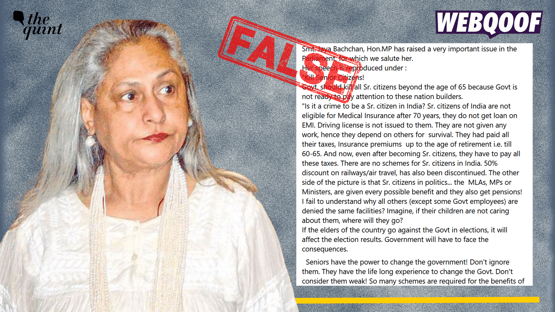 <div class="paragraphs"><p>Fact-check: A misleading post about Jaya Bachchan demanding several amenities for the senior citizens in India is going viral on the internet.</p></div>