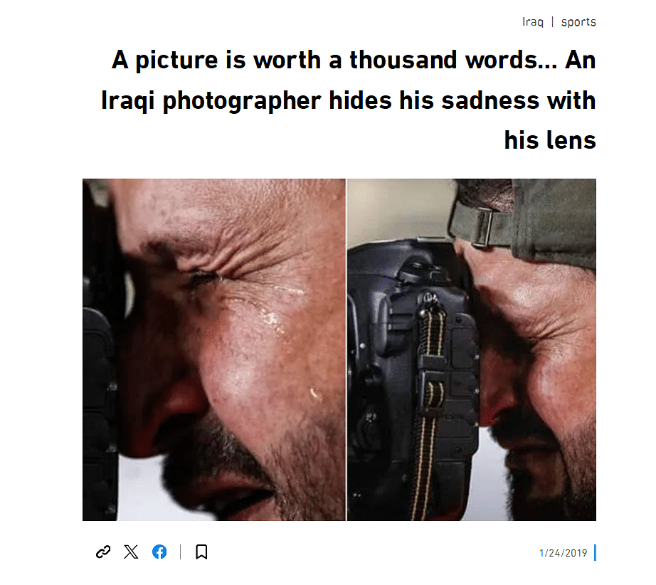 The original image is from 2019 and shows an Iraqi photographer crying after his national side lost a match.