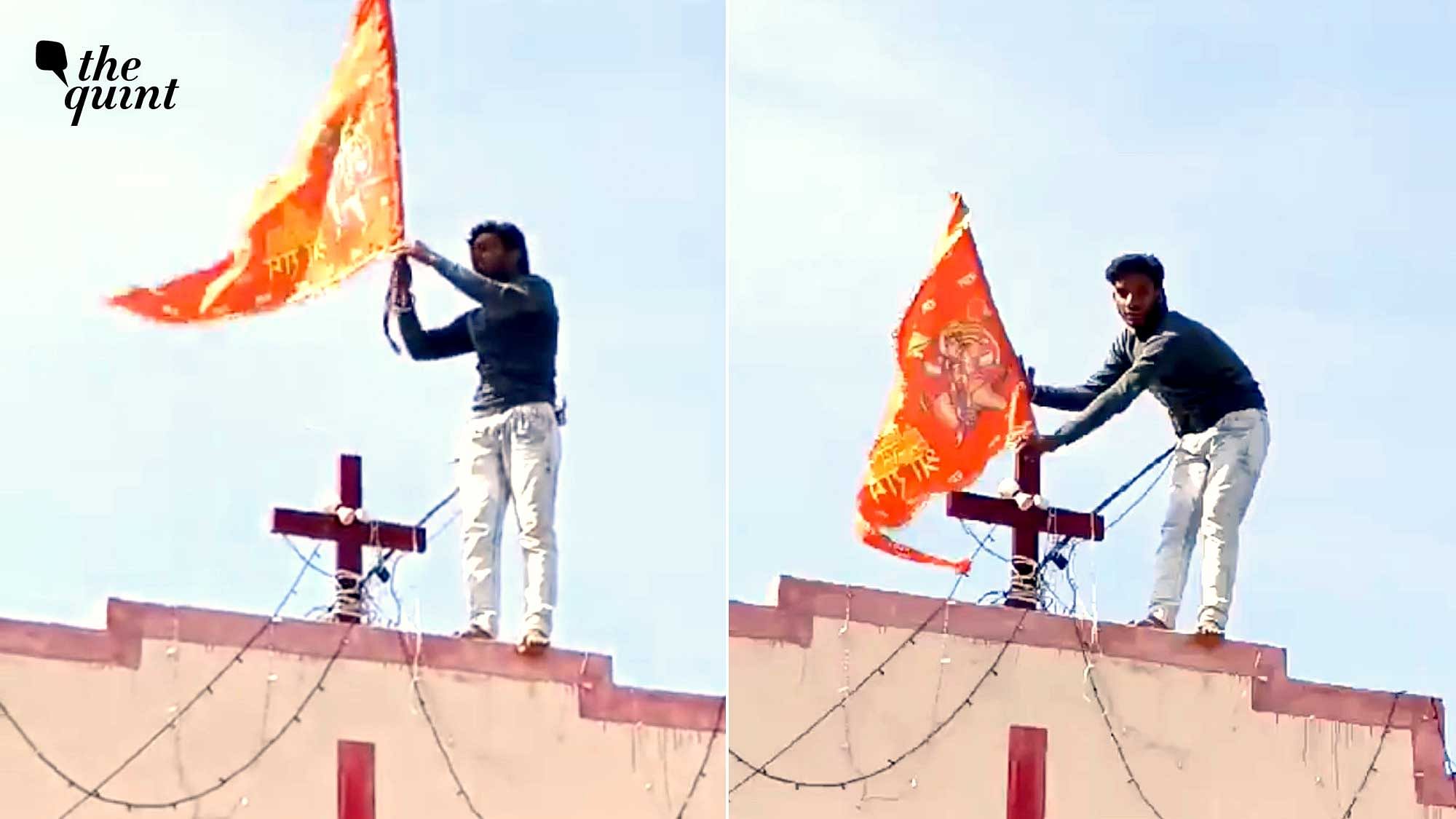 <div class="paragraphs"><p>Amid Jai Sri Ram chants, one of the men climbed the church and hoisted this flag.&nbsp;</p></div>