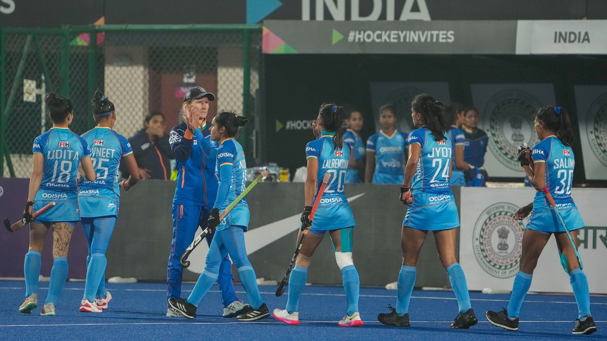 <div class="paragraphs"><p>Ranchi: Indian players during the FIH Women's Olympic Qualifiers 2024 hockey match between India and Japan, at Marang Gomke Jaipal Singh Astro Turf Hockey Stadium, in Ranchi, Friday, Jan. 19, 2024.</p></div>