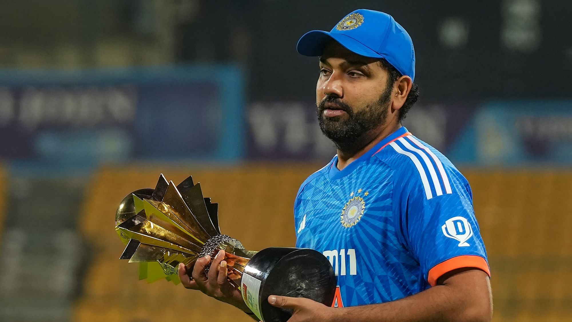 <div class="paragraphs"><p>Bengaluru: India's captain Rohit Sharma with the tournament trophy after winning the third T20 cricket match against Afghanistan, at M Chinnaswamy Stadium, in Bengaluru, Wednesday, Jan. 17, 2024. India won their final series before the T20 World Cup with 3-0 margin.</p></div>