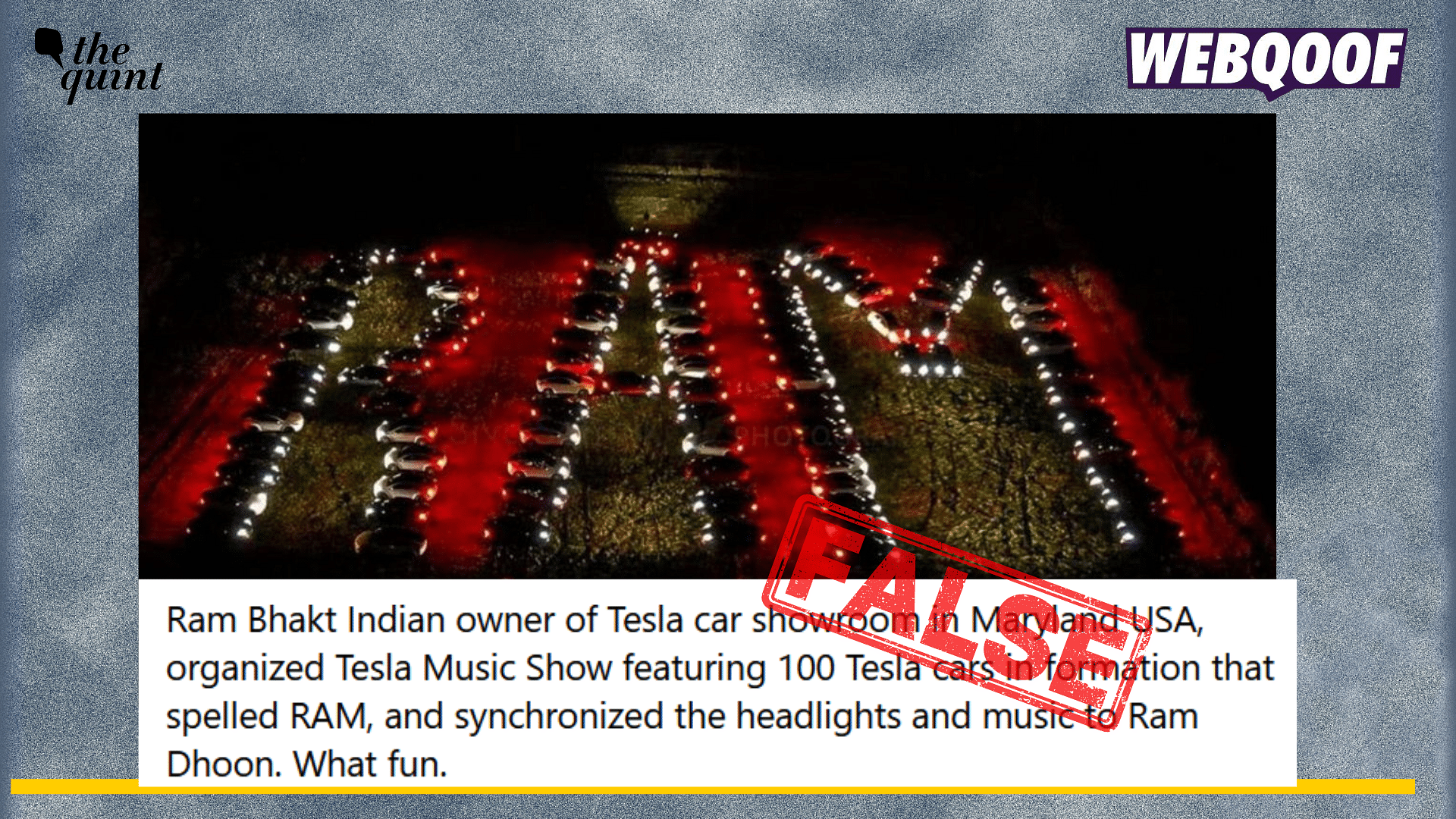 <div class="paragraphs"><p>Fact-check:This viral post about the owner of Tesla showroom in the USA organised a light show ahead of Ram temple's consecration is misleading.</p></div>