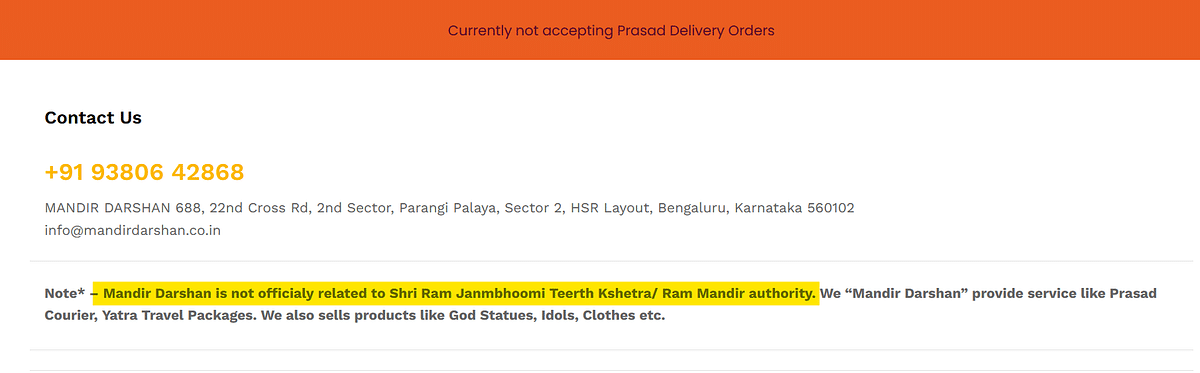 Ram Mandir Trust has not made any announcement about delivering prasad to devotees via third-party websites. 