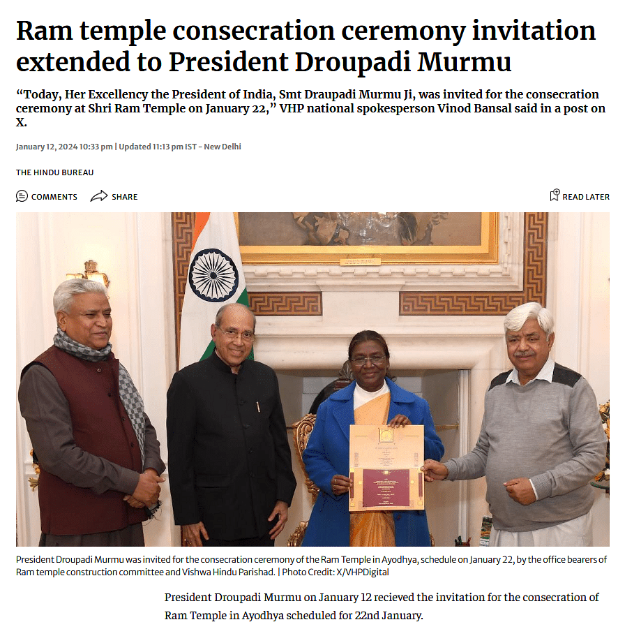 The claim is false. Ram temple consecration ceremony invitation has already been extended to President Murmu. 