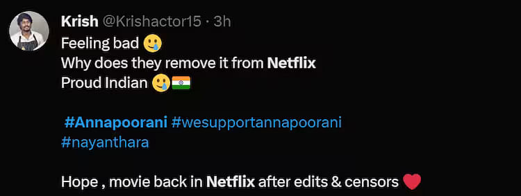 Nayanthara-starrer 'Annapoorani' has been pulled from Netflix amid the ongoing backlash against the film.